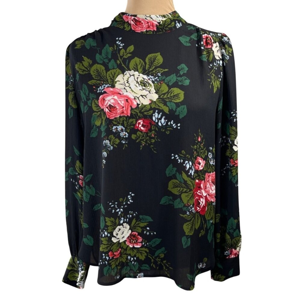 Loft Blouse Top Bold Black Floral Size M Medium Tie Mock Neck Pink Rose